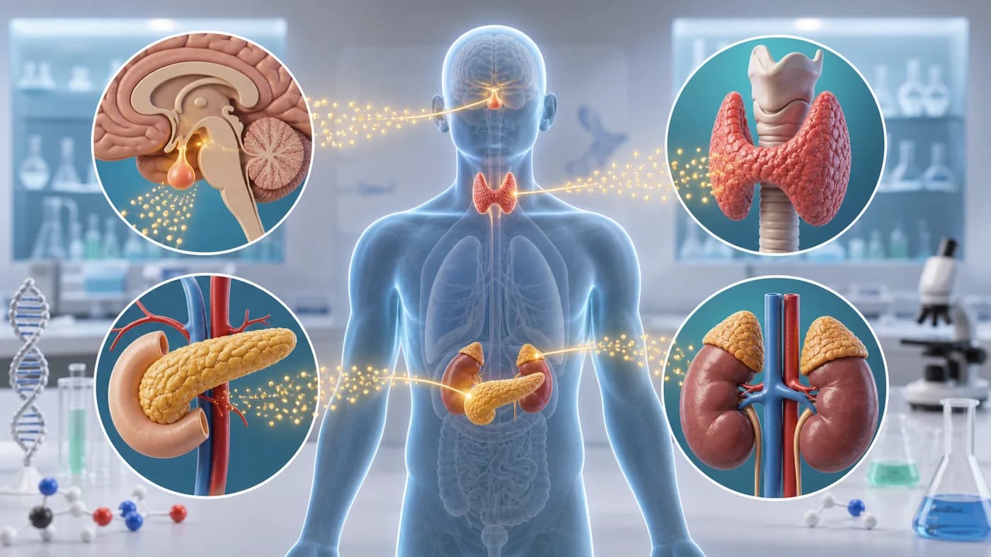 3D visual of endocrine glands and hormone signals