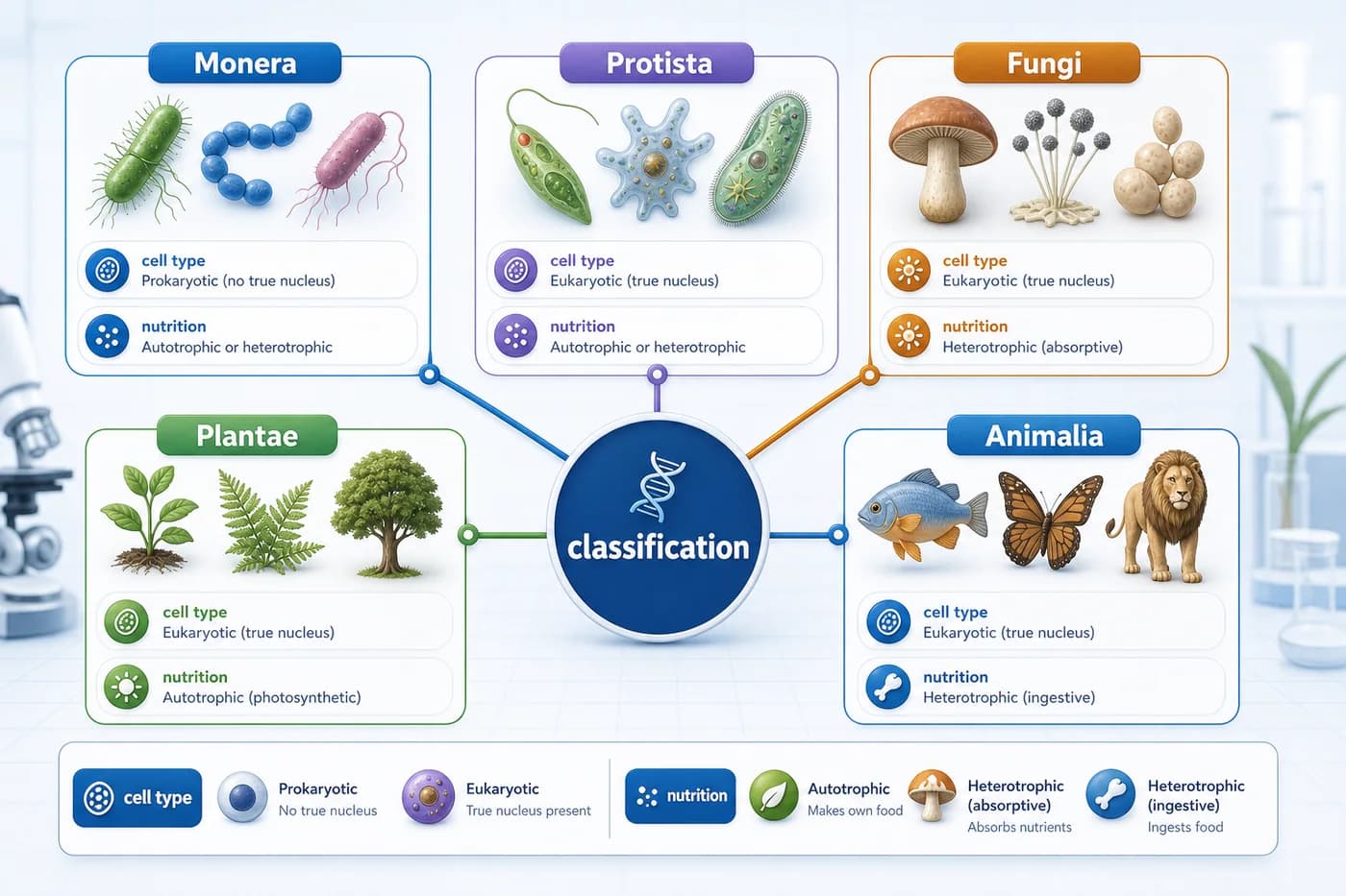 3D visual of five kingdom biological classification with cell type and nutrition cues