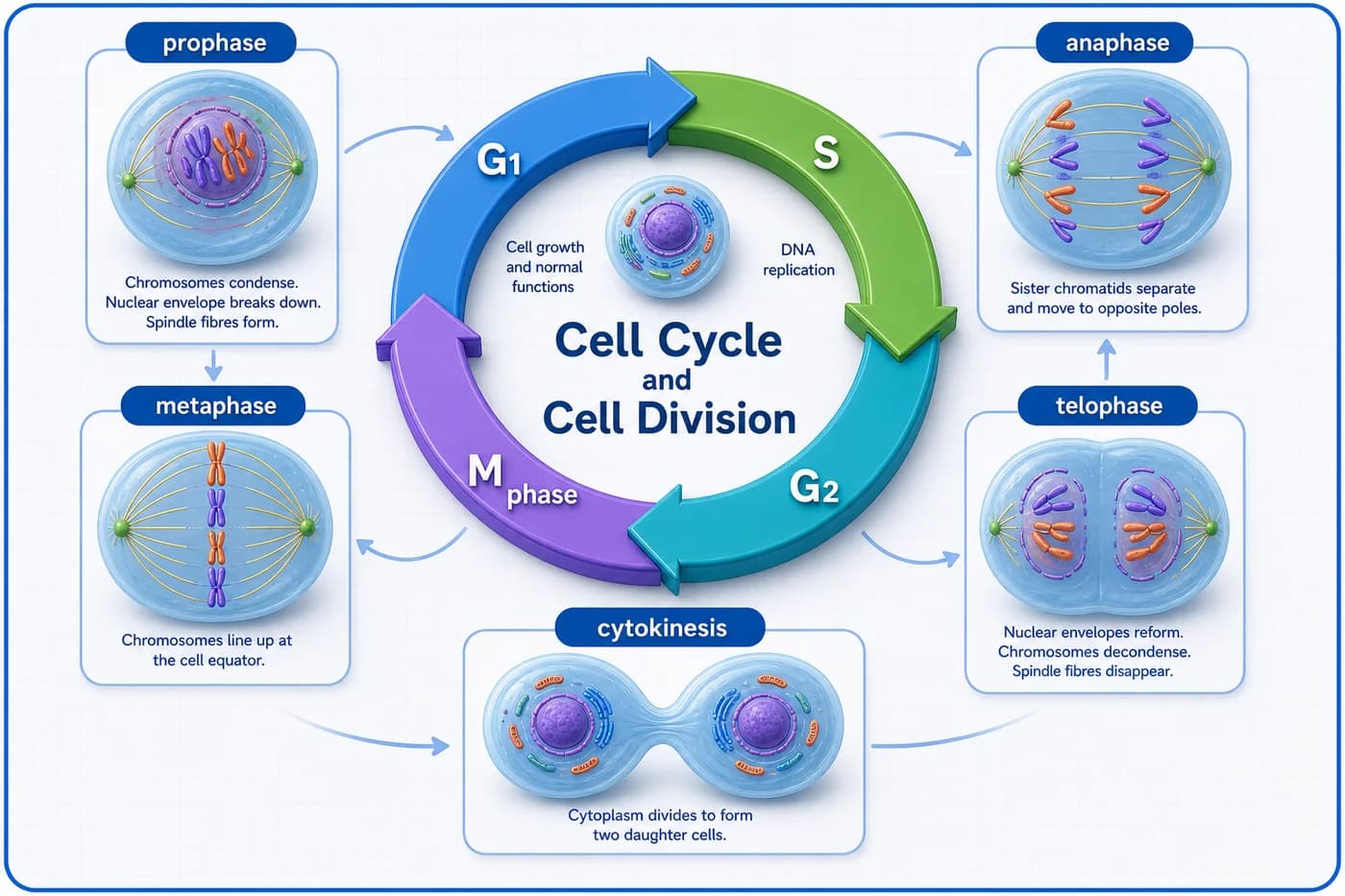 3D visual of the cell cycle and mitosis stages from G1 to cytokinesis