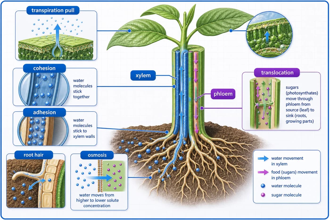 3D visual of transport in plants showing root hair absorption, xylem water movement, transpiration pull, and phloem translocation