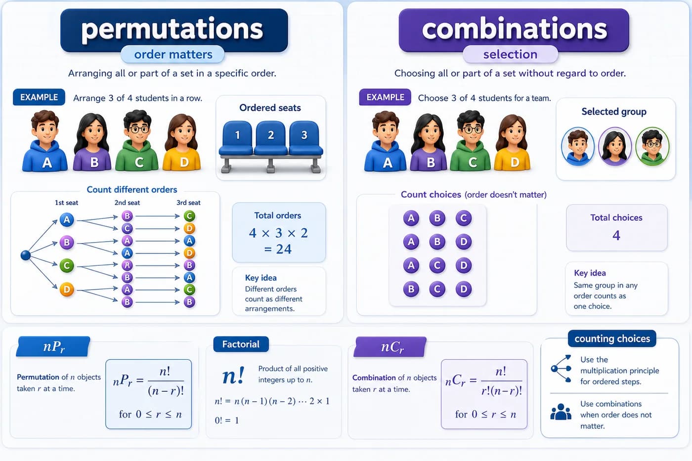 3D visual comparing permutations and combinations with ordered arrangements, unordered selections, factorial notation, nPr, nCr, and counting choices