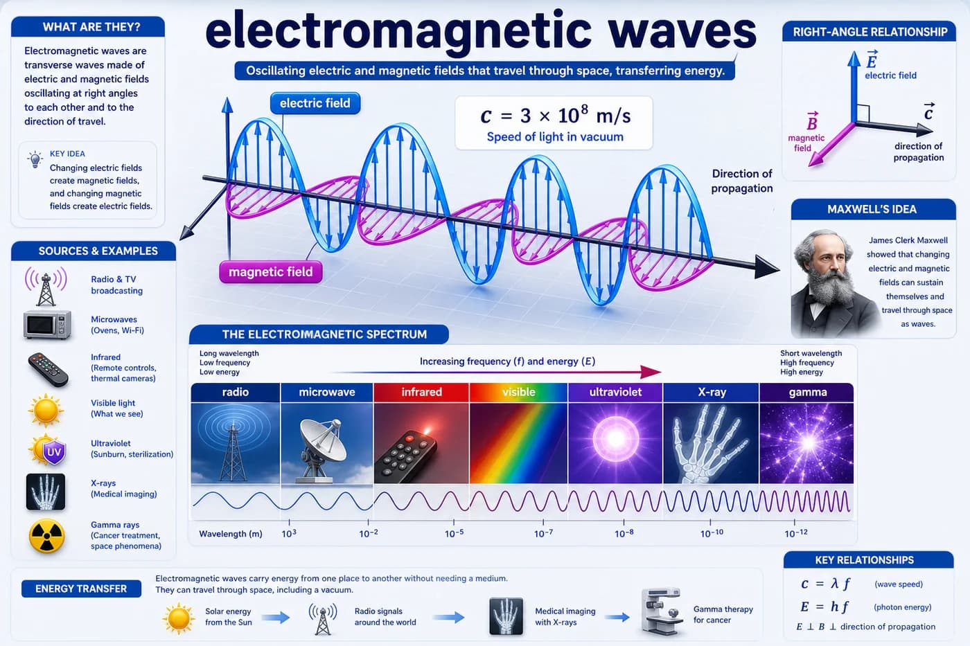 3D physics visual showing electromagnetic wave propagation, perpendicular electric and magnetic fields, speed of light, and the electromagnetic spectrum
