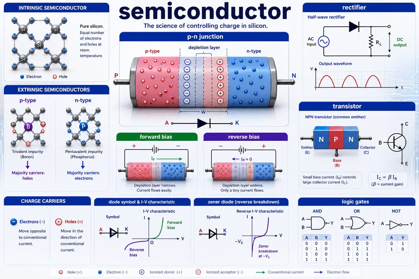 3D physics visual showing p-type and n-type semiconductors, p-n junction, depletion layer, biasing, rectifier, transistor, and logic gates