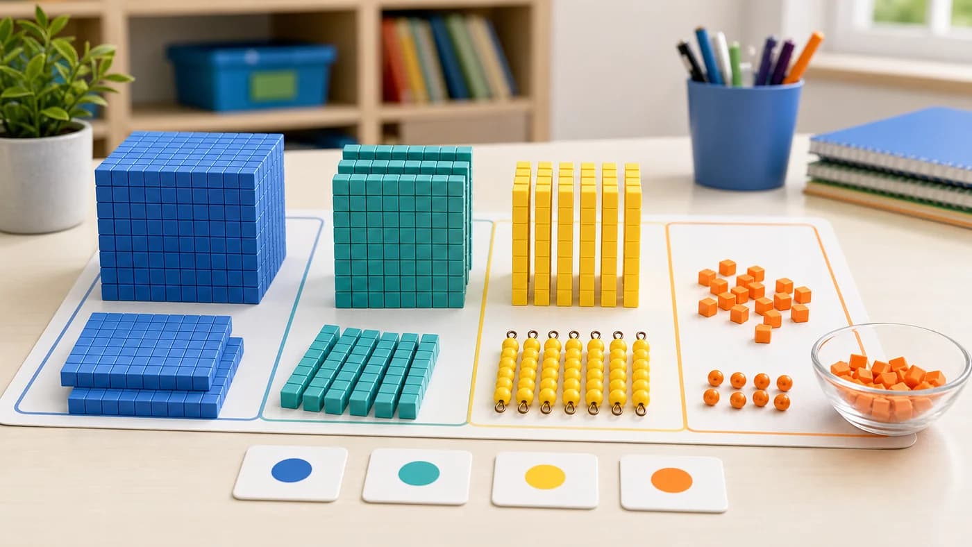 Place-value blocks, bead bundles, and blank columns showing large numbers built from grouped values.
