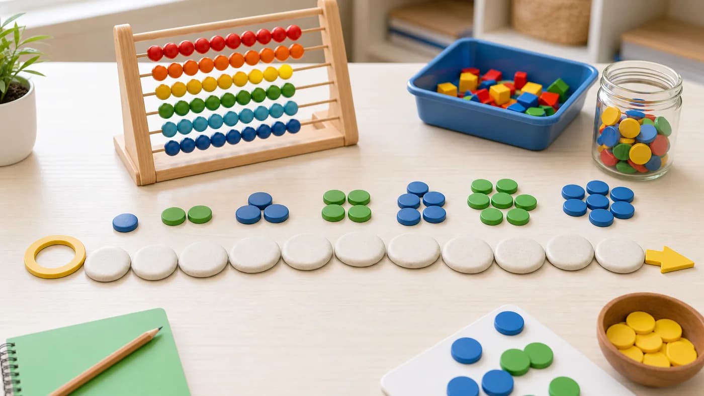 Counting beads, blank number-line path, empty zero token, and grouped counters showing natural and whole numbers.