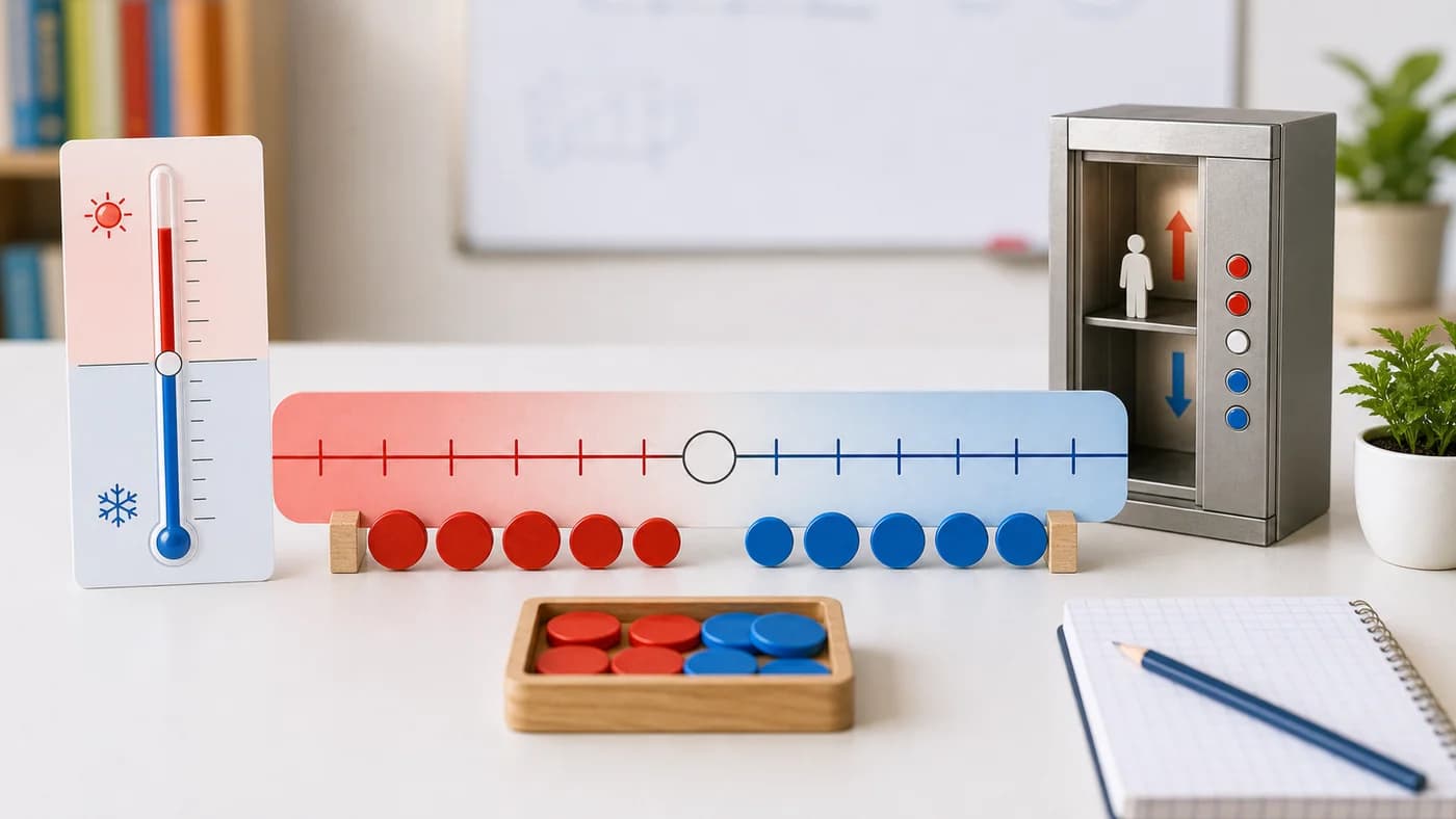 Red and blue counters, central neutral marker, temperature strip, and elevator model showing positive and negative integers.