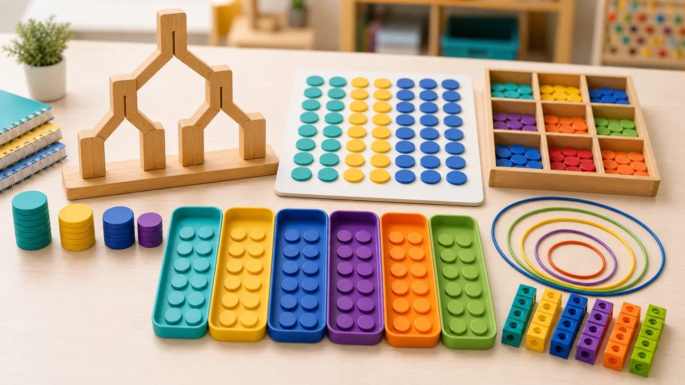 Arrays, grouping trays, factor-tree blocks, and colored rings showing factors, multiples, and number patterns.