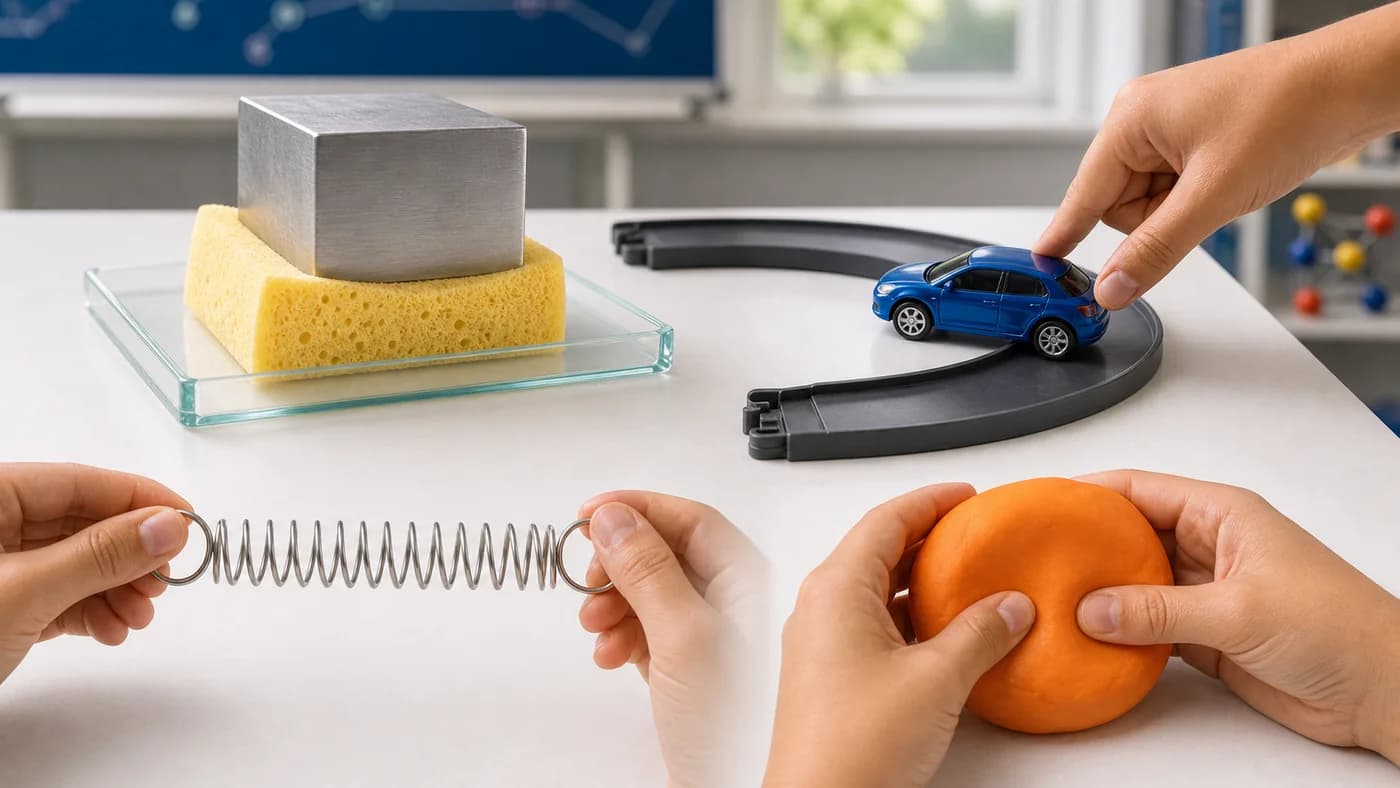 Sponge, toy car, stretched spring, and clay model showing force changing shape, speed, direction, or motion.