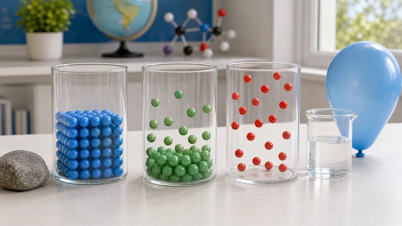 Classroom particle model with packed, loose, and spread-out spheres beside everyday matter examples.