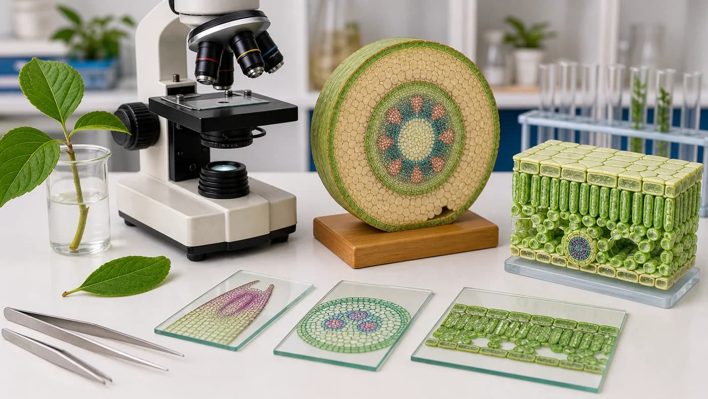 Microscope, plant stem cross-section model, leaf section, and slides showing plant tissue study.