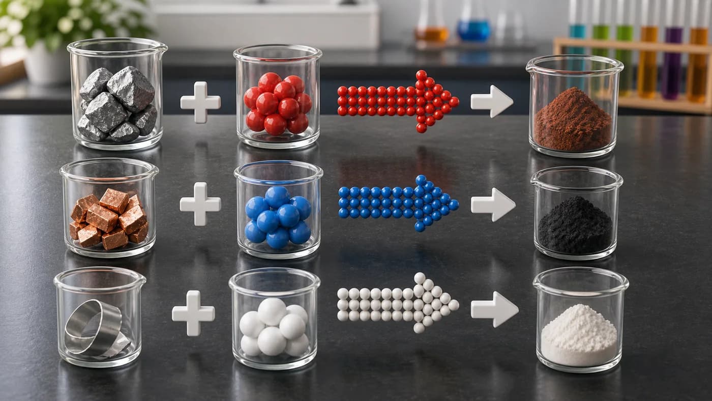 Reactant containers flowing through an object arrow into product containers to show the structure of word equations.