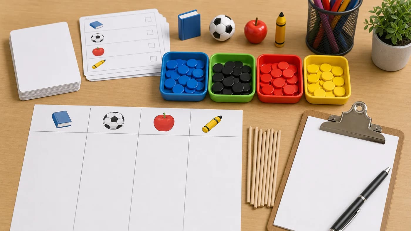 Blank survey cards, coloured counters, trays, and grouped tokens showing data collection and organisation.