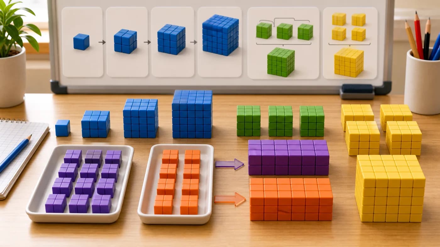 Cube stacks and grouped block arrays showing exponent patterns and laws.