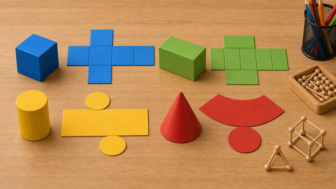 Cube, cuboid, cylinder, and cone models placed beside their unfolded paper nets.
