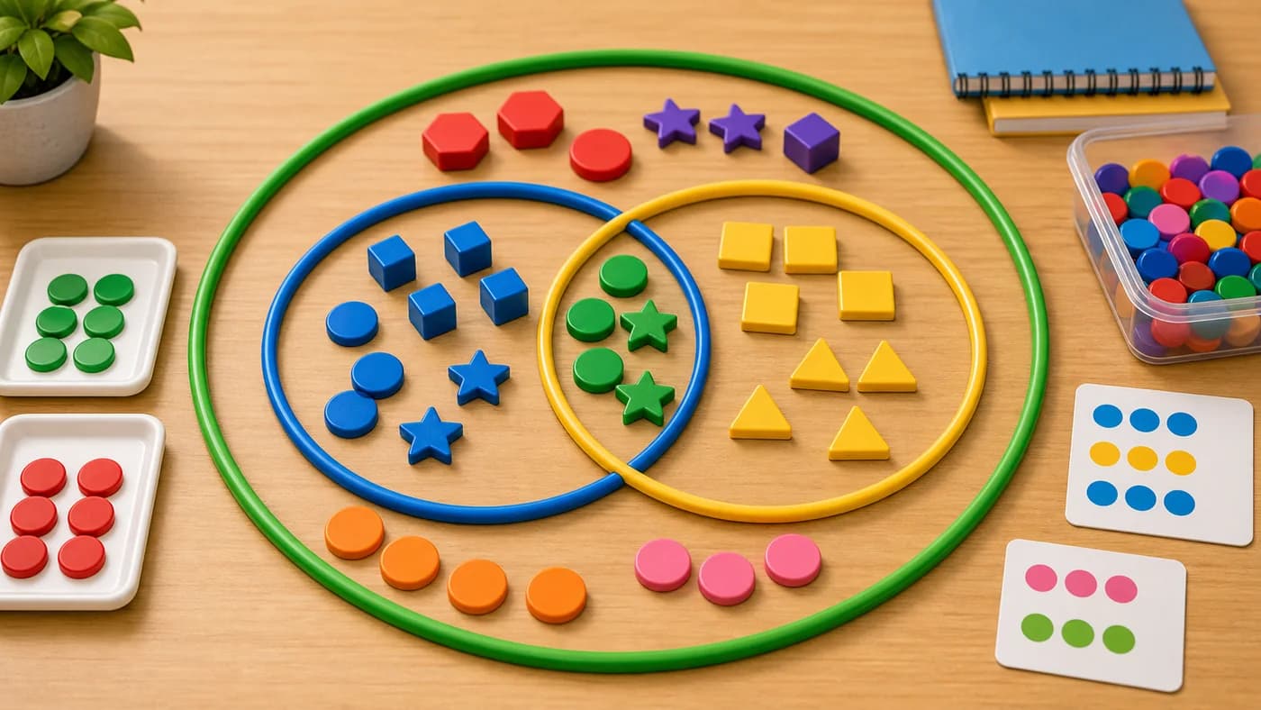 Coloured tokens sorted into overlapping hoops and a larger boundary hoop showing sets and Venn grouping.