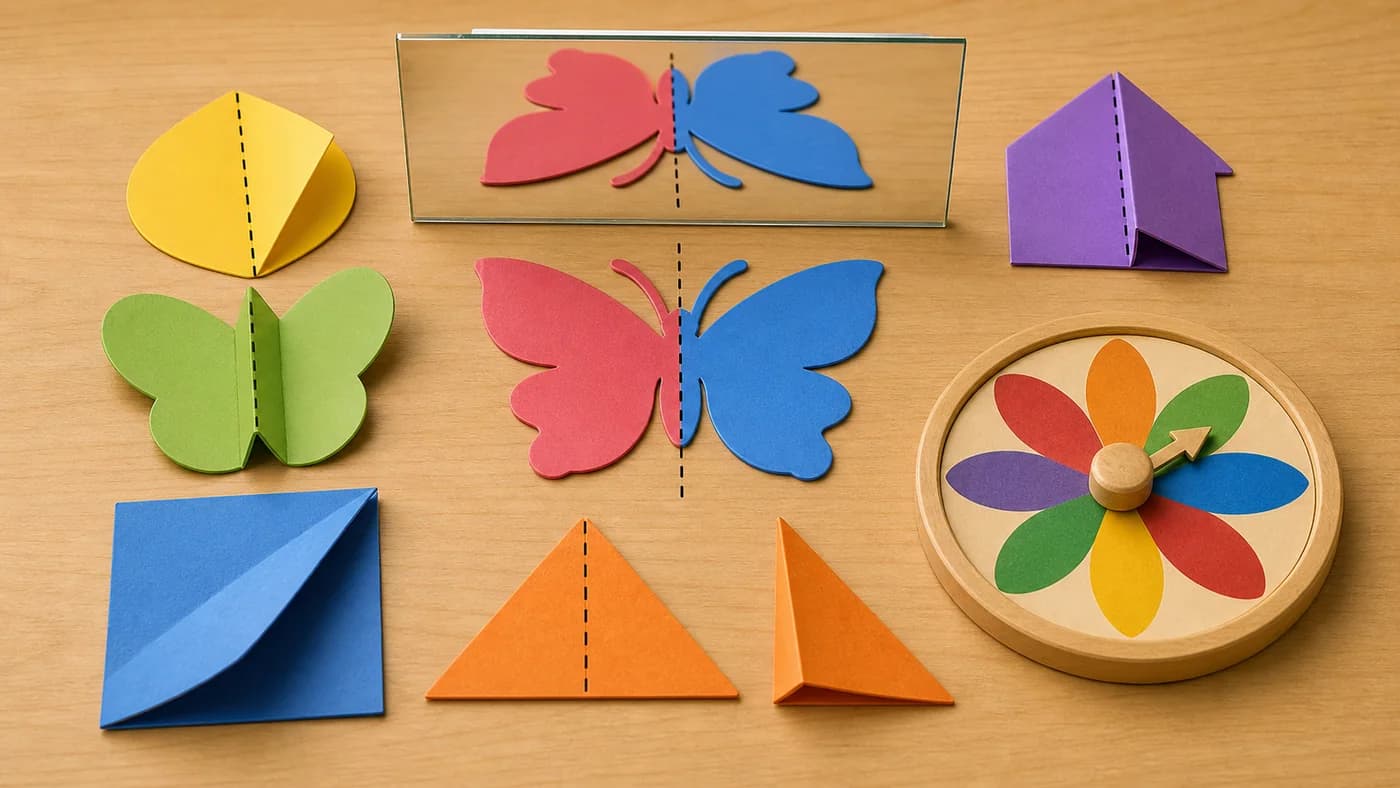 Folded paper shapes, mirror strip, and repeating spinner pattern showing reflection and rotational symmetry.