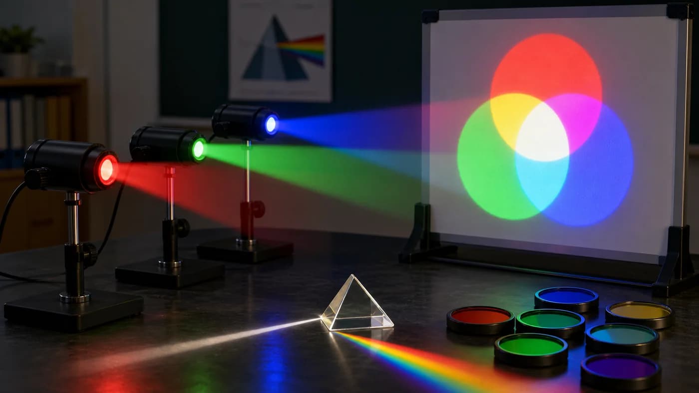 Red, green, and blue light beams overlapping on a screen with prism and colour filters nearby.