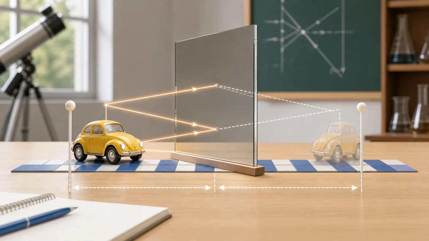 A toy object and its symmetric image in a plane mirror, with matching floor tiles showing equal distance.