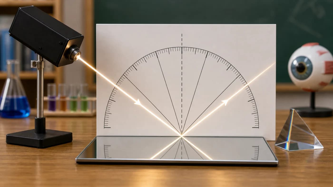 A ray box shining onto a flat mirror with reflected light and a protractor shape showing equal angles.