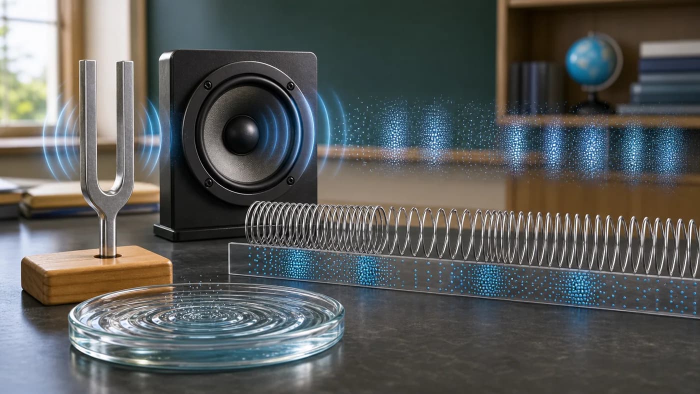 A tuning fork, speaker cone, water ripples, and slinky spring showing sources of sound and longitudinal waves.