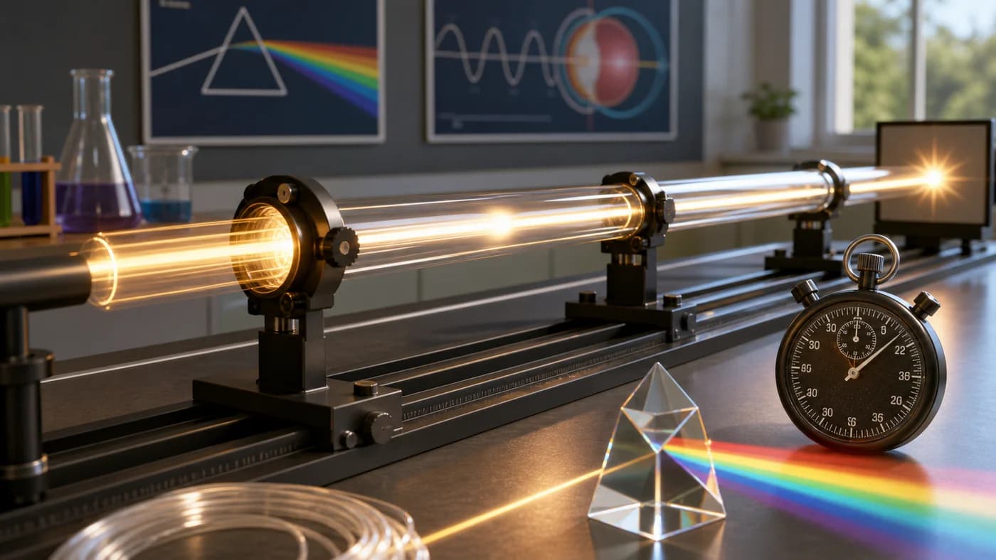 A bright light pulse moving through a transparent path toward a target screen, showing rapid travel of light.