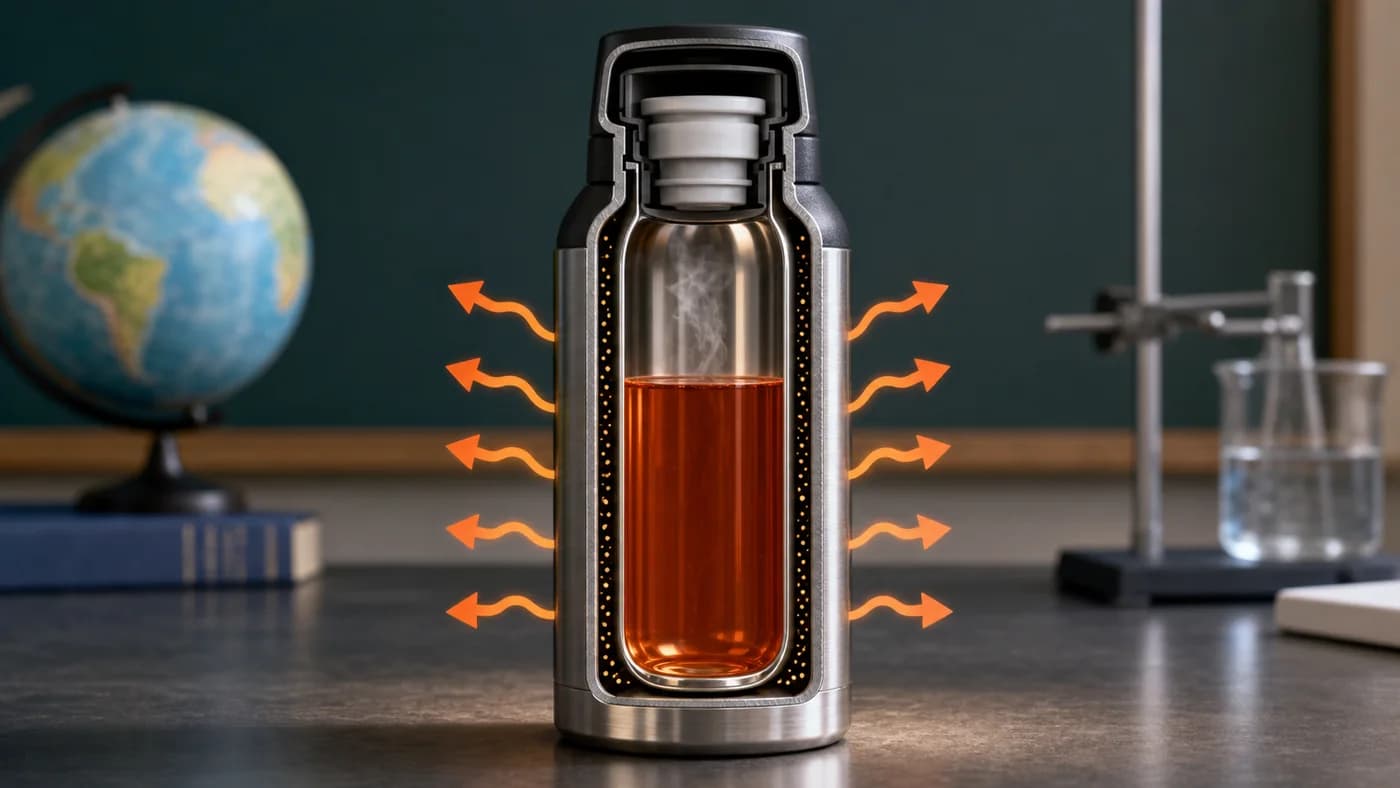 A cutaway insulated thermos flask model showing inner wall, vacuum gap, stopper, and hot liquid.