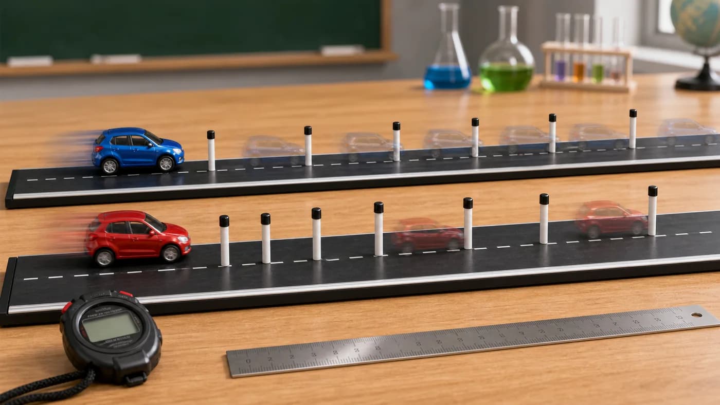 Two toy cars on parallel tracks with evenly and unevenly spaced position markers showing uniform and non-uniform motion.