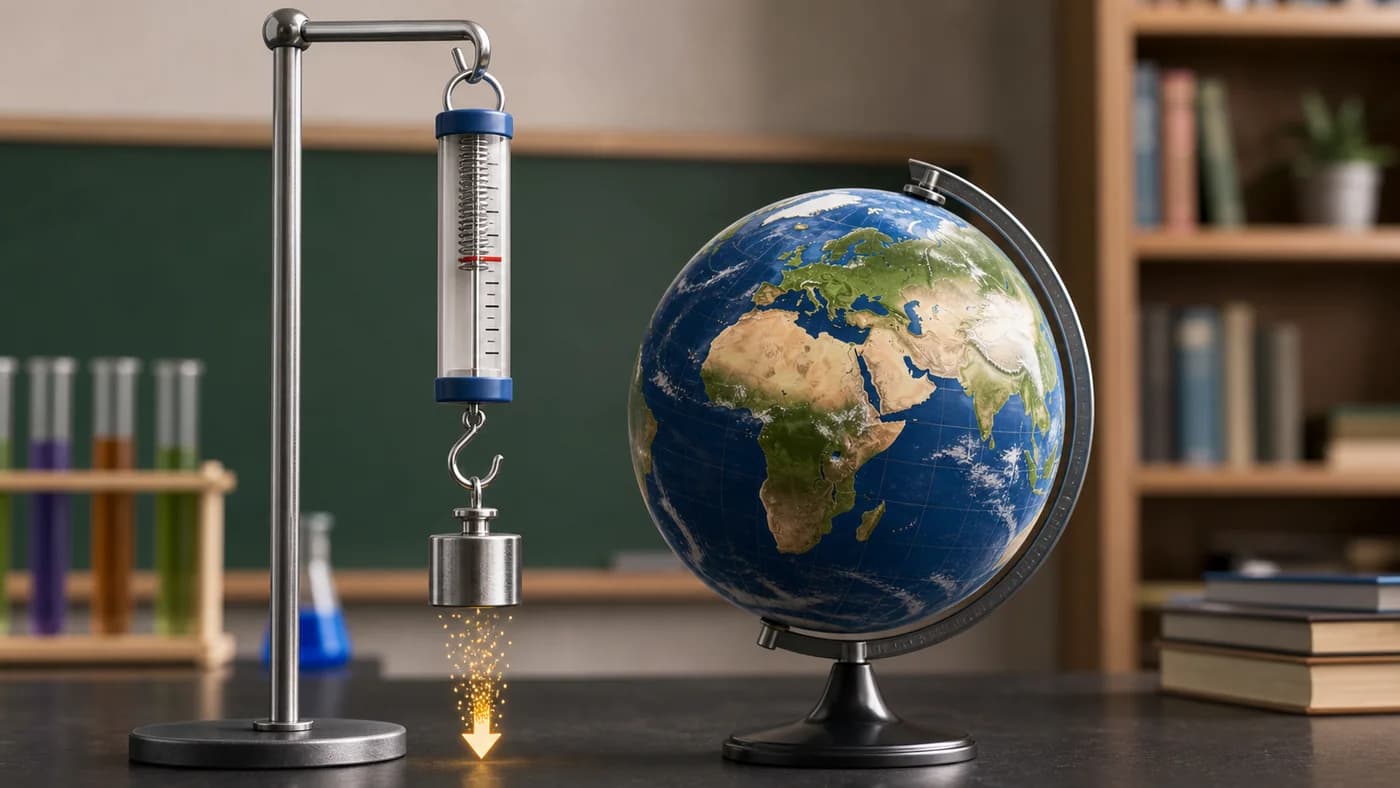 A spring balance holding a mass beside a globe model, showing weight as gravitational force.