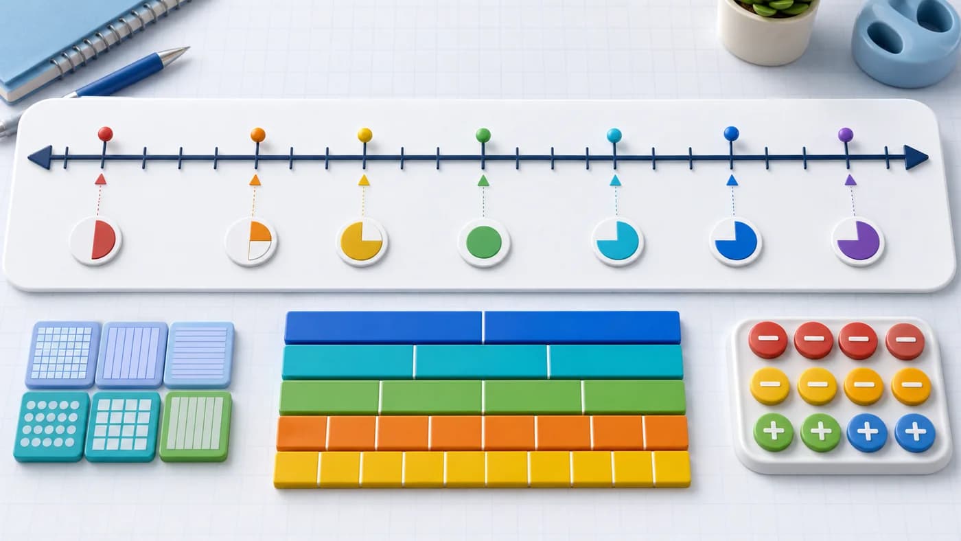 Number line, fraction bars, decimal tiles, and counters showing rational numbers as values.
