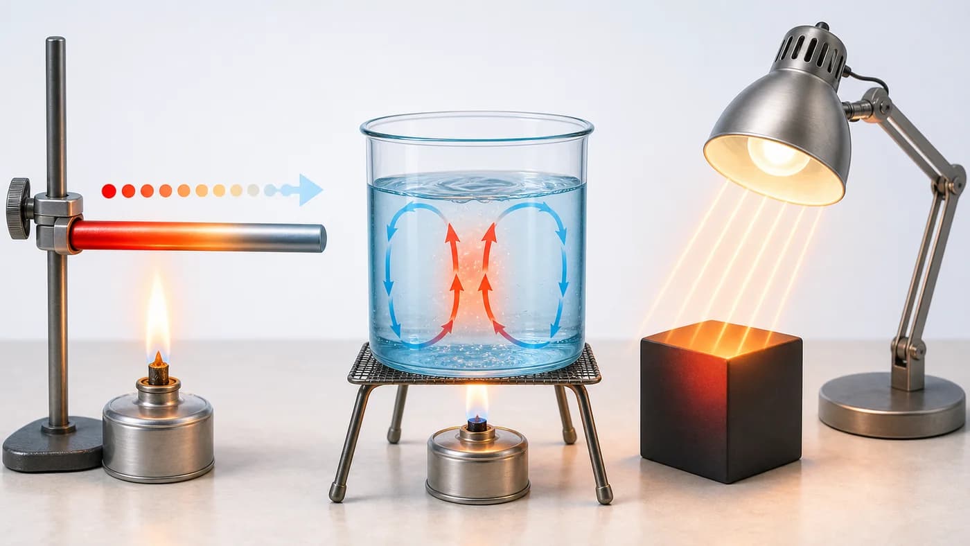 Metal rod, convection water currents, and radiant heat showing three heat transfer methods.