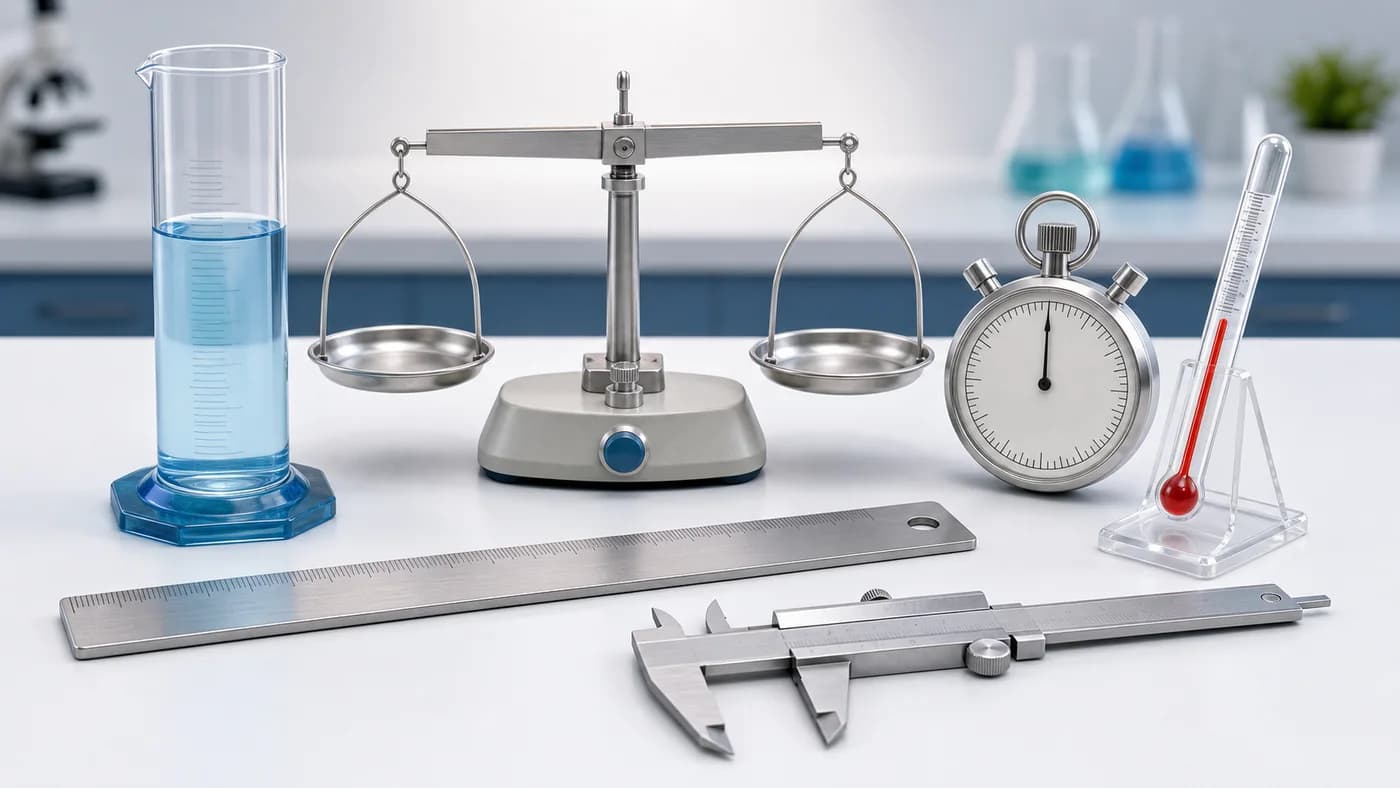 Physics measuring tools including ruler, cylinder, balance, thermometer, stopwatch, and caliper.