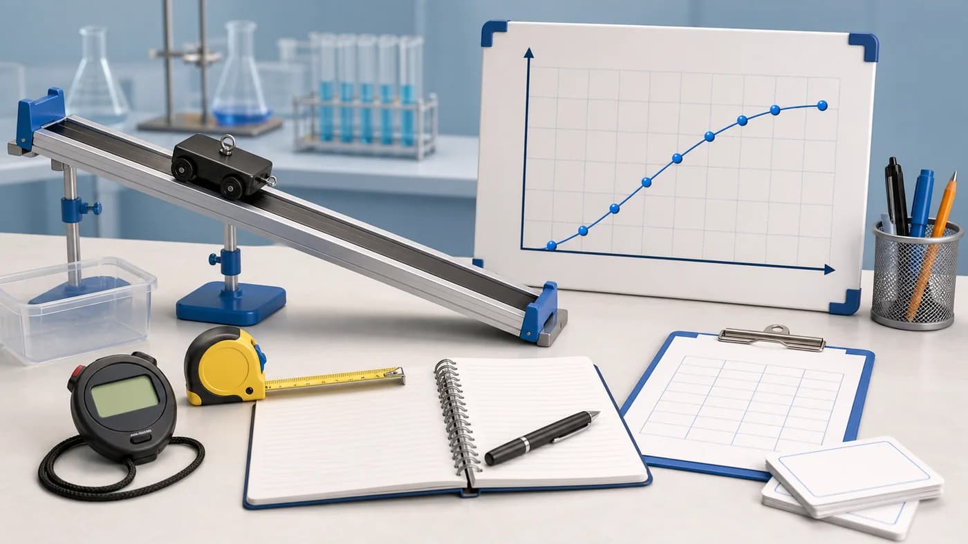 Ramp experiment, cart, stopwatch, measuring tape, and blank graph board showing experiment data.