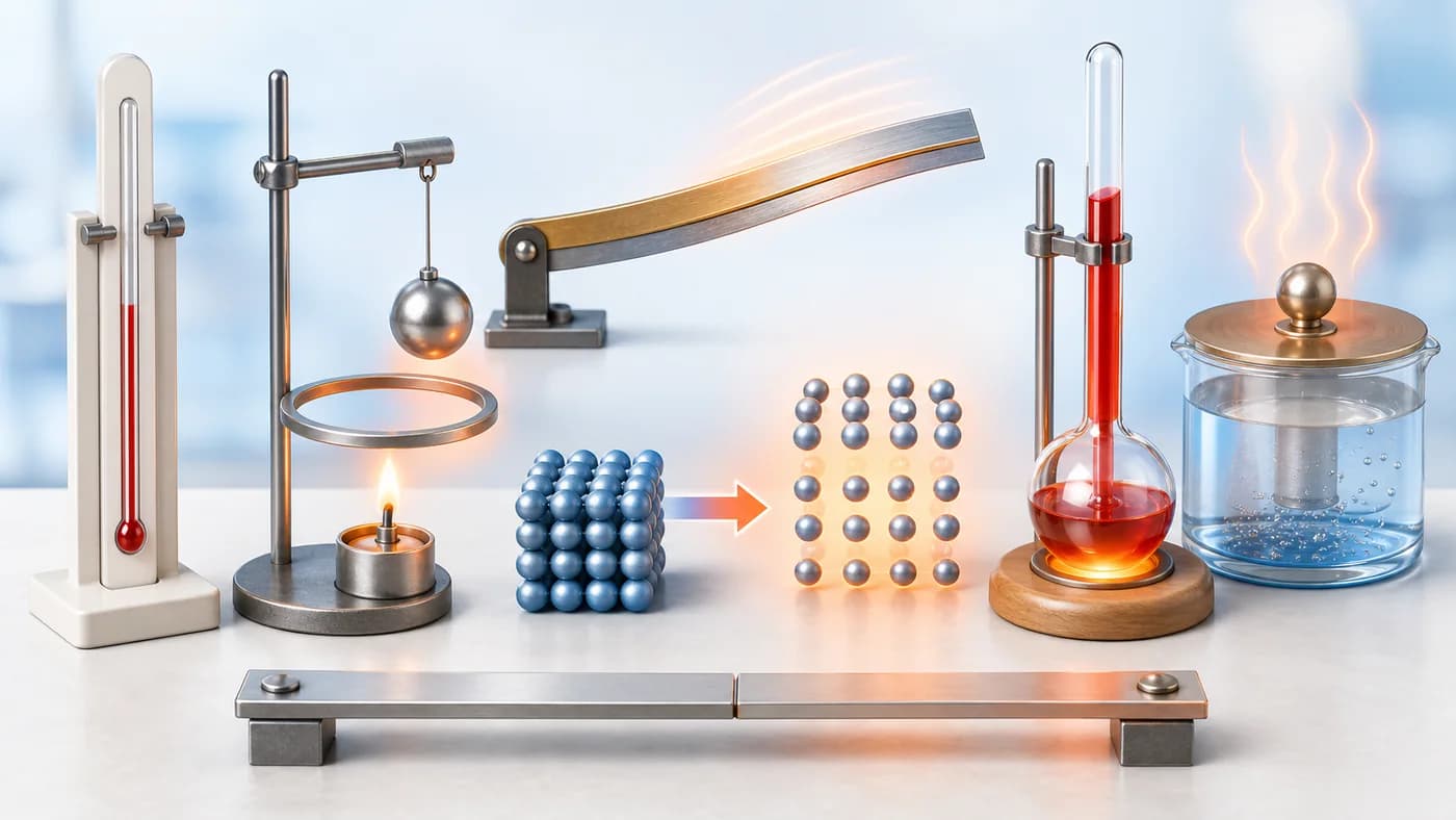 Thermometer, ball and ring apparatus, bimetal strip, and rising liquid showing temperature and expansion.