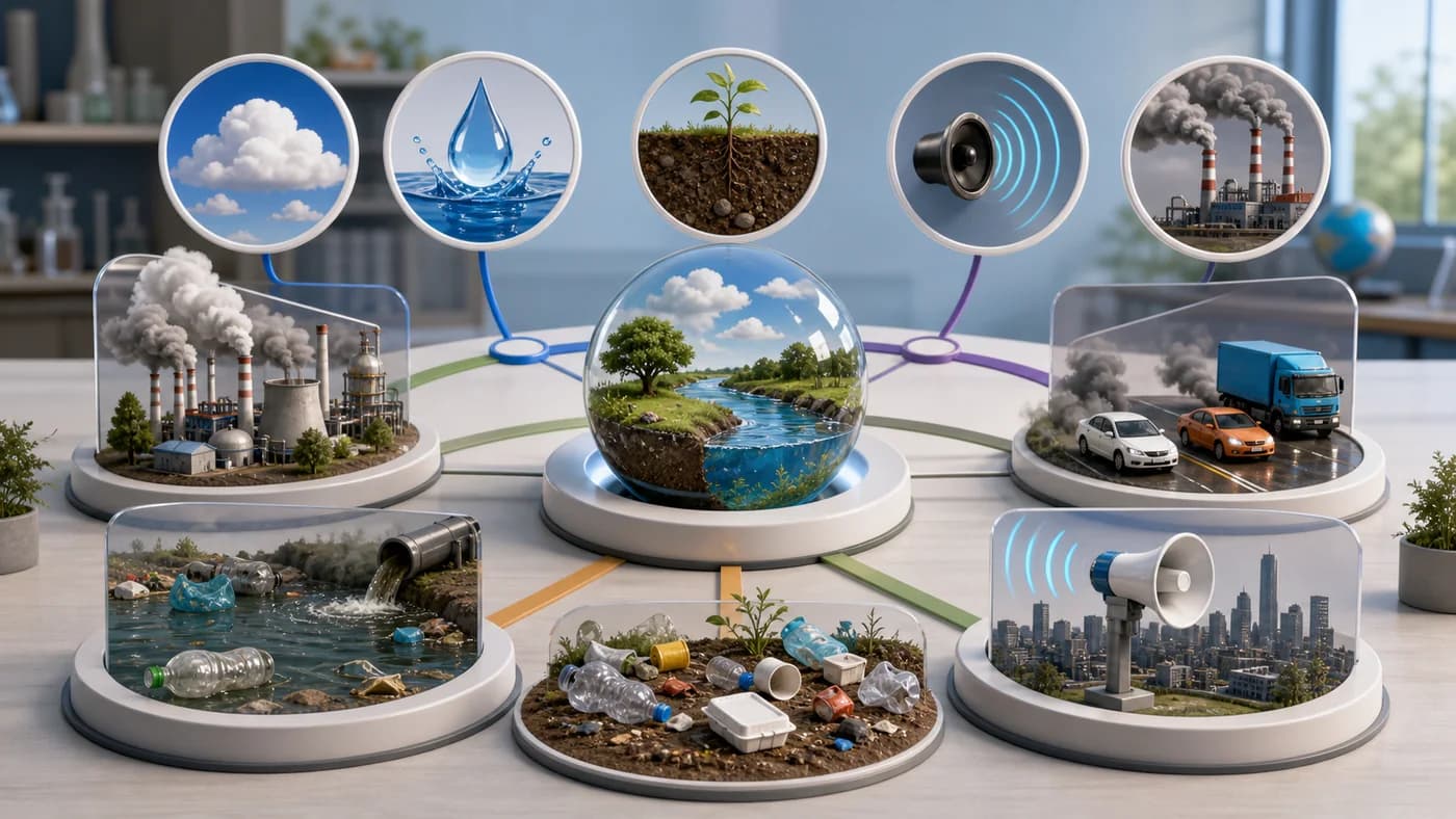 3D visual of pollution types sources and pollutants