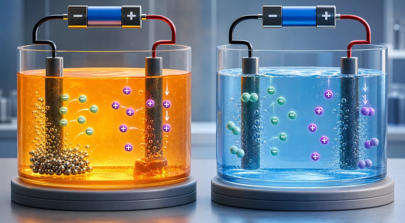 3D visual of molten and aqueous electrolysis cells