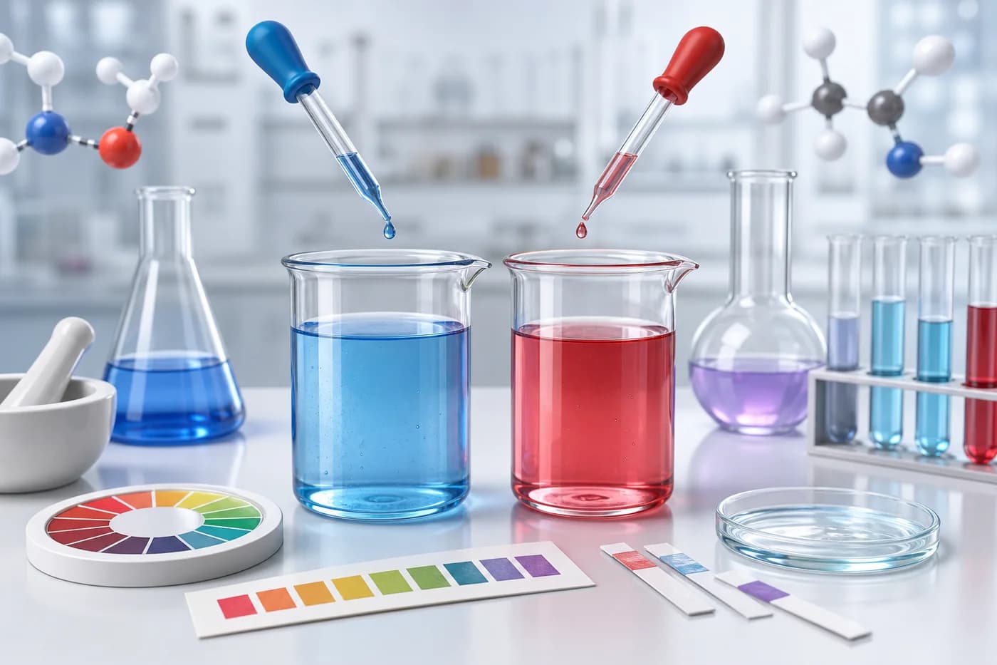 3D visual of acid and base properties with indicators
