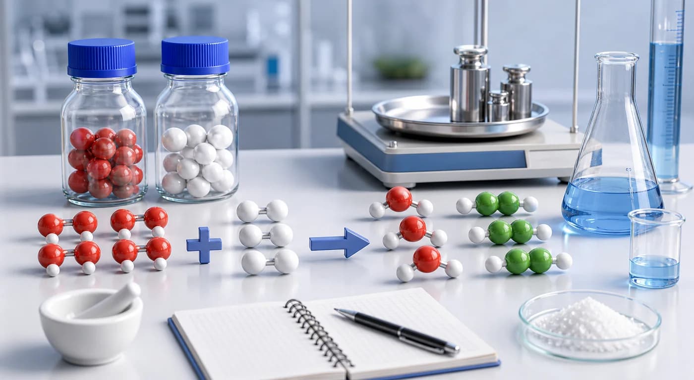 3D visual of balanced quantities in stoichiometry