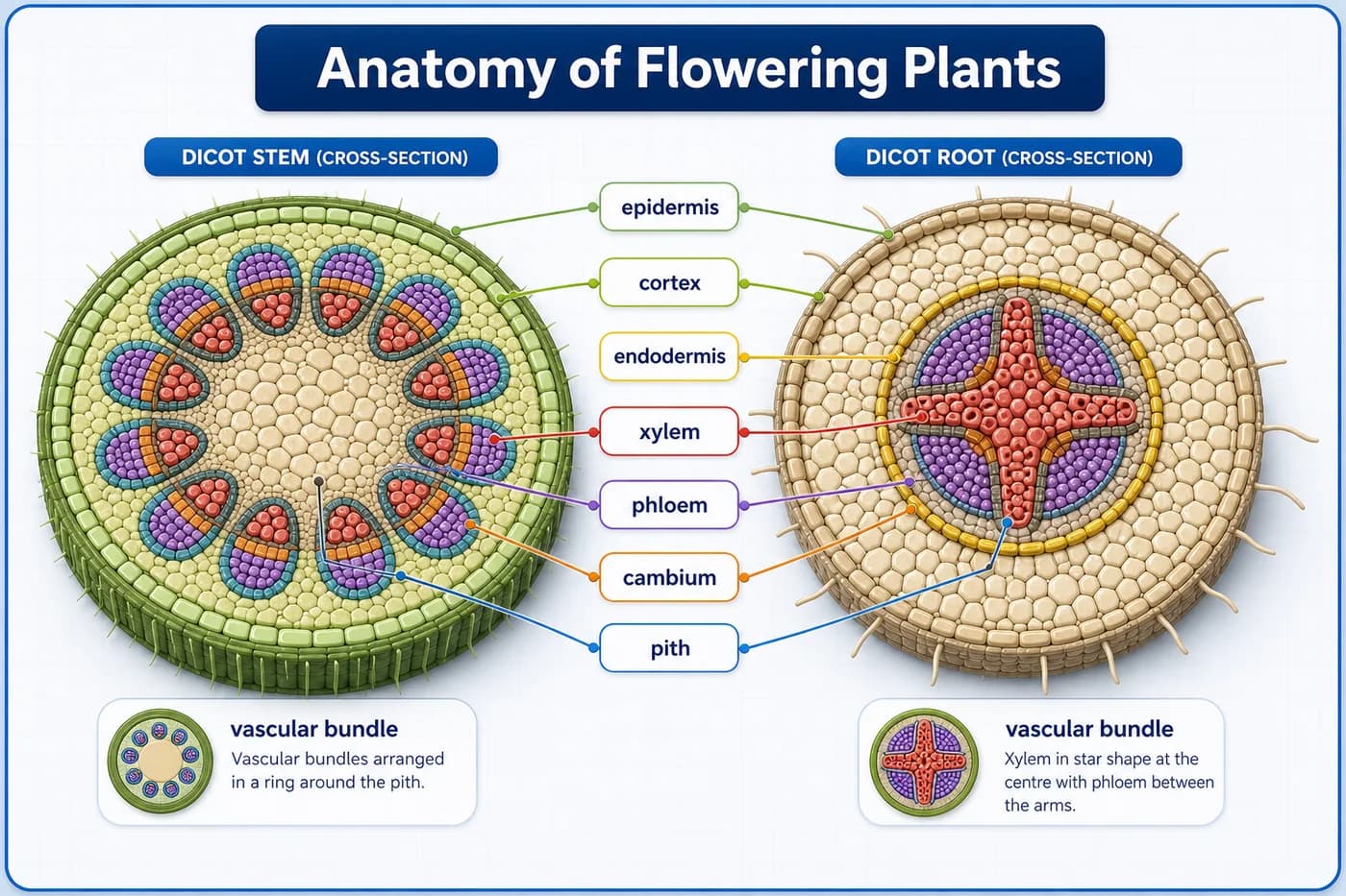 3D visual of flowering plant anatomy showing stem and root cross-sections with xylem, phloem, cambium, cortex, and pith