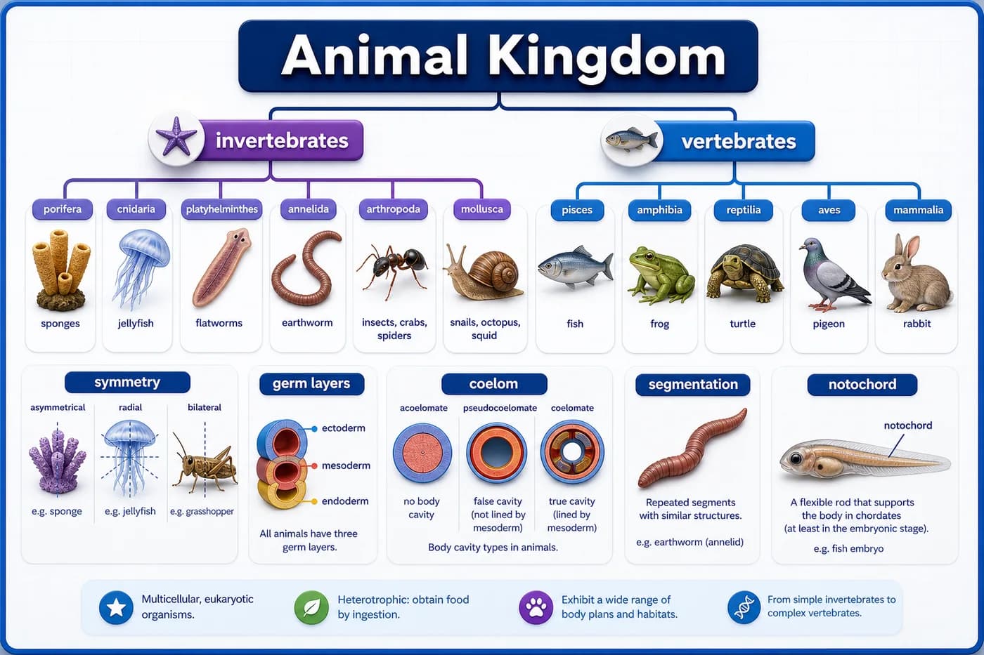 3D visual of animal kingdom classification with invertebrates, vertebrates, symmetry, coelom, segmentation, and notochord cues