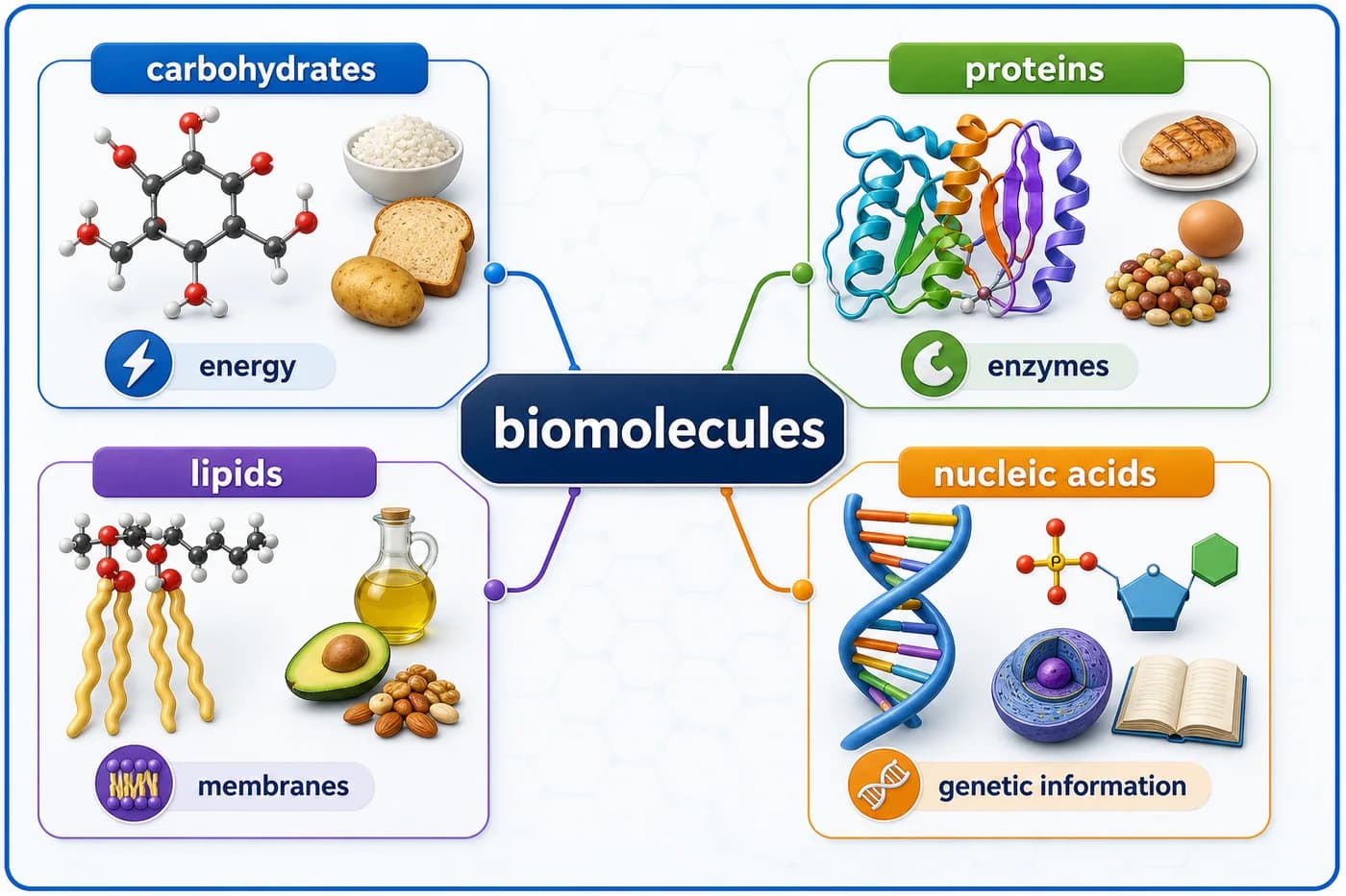 3D visual comparing carbohydrates, proteins, lipids, and nucleic acids with function cues