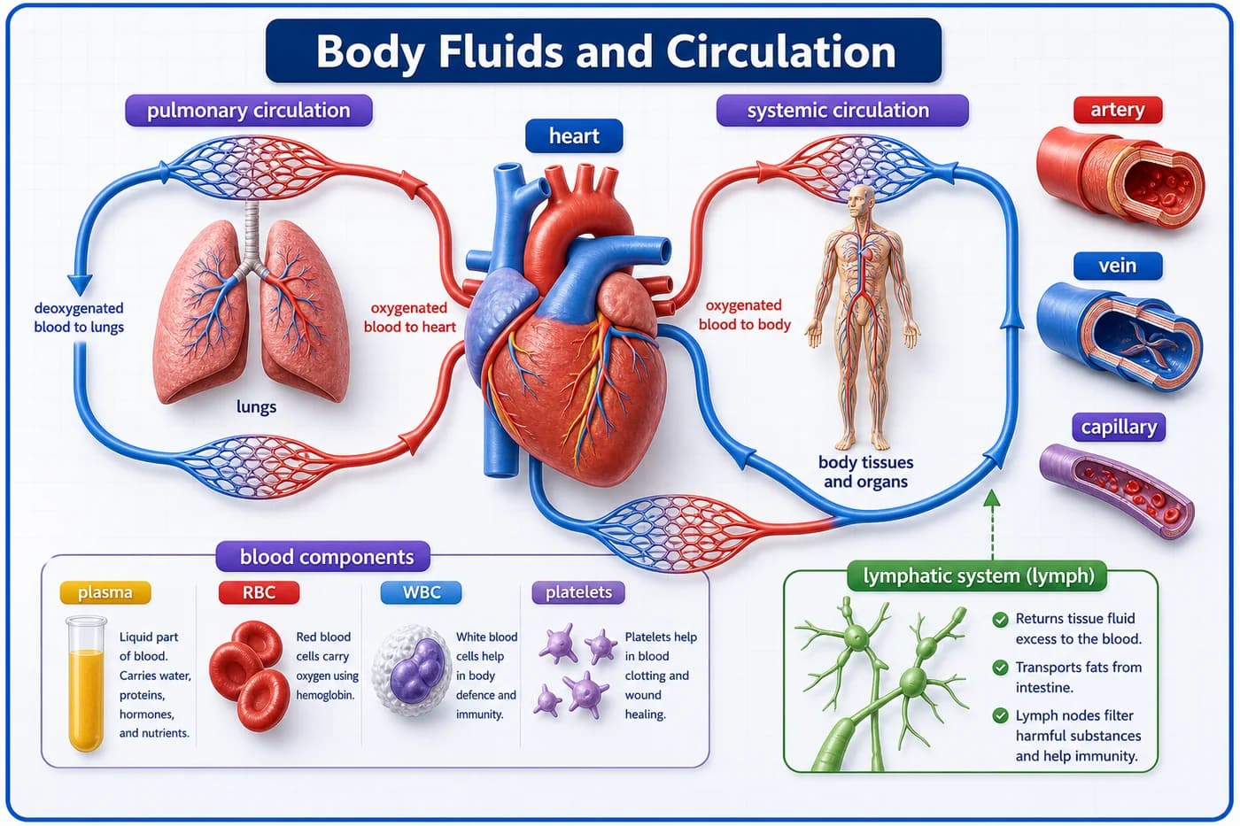 3D visual of body fluids and circulation showing heart, pulmonary and systemic circulation, vessels, and blood components