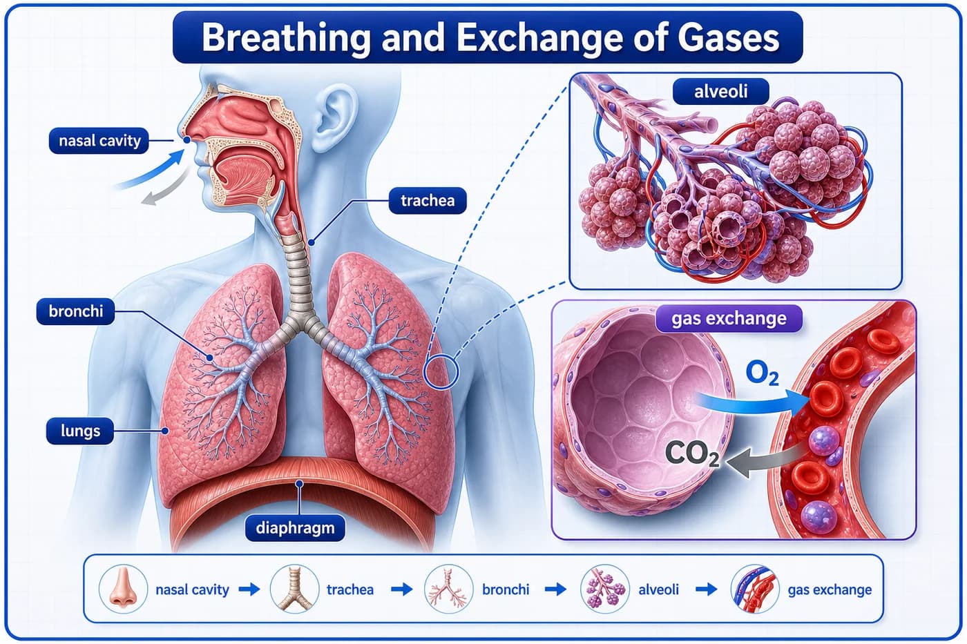 3D visual of breathing and gas exchange showing lungs, alveoli, diaphragm, oxygen, and carbon dioxide movement