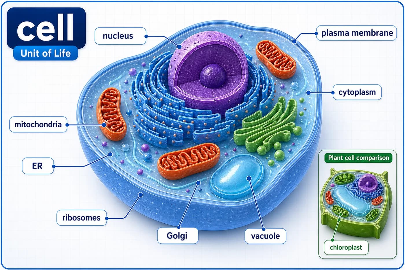 3D visual of a eukaryotic cell with labelled organelles including nucleus, membrane, cytoplasm, mitochondria, ER, Golgi, ribosomes, and vacuole