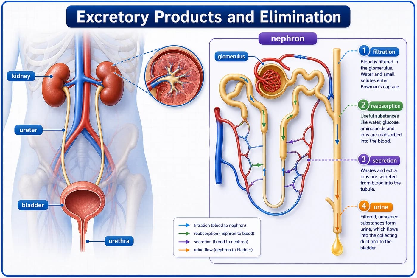 3D visual of excretory products and elimination showing urinary system, nephron, filtration, reabsorption, secretion, and urine formation