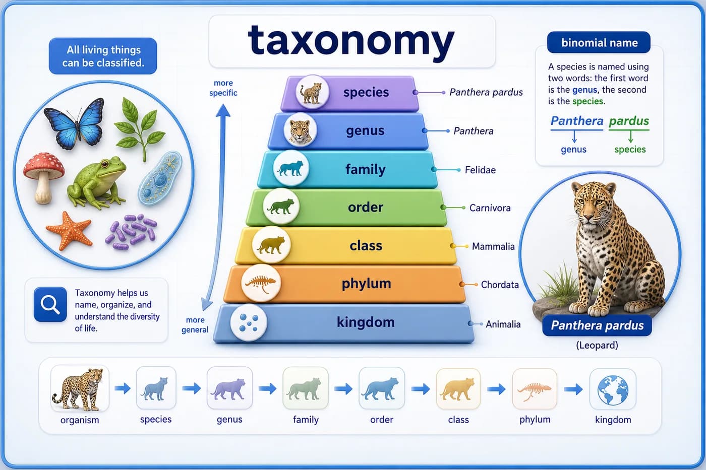 3D visual of taxonomic hierarchy from kingdom to species with binomial naming cue