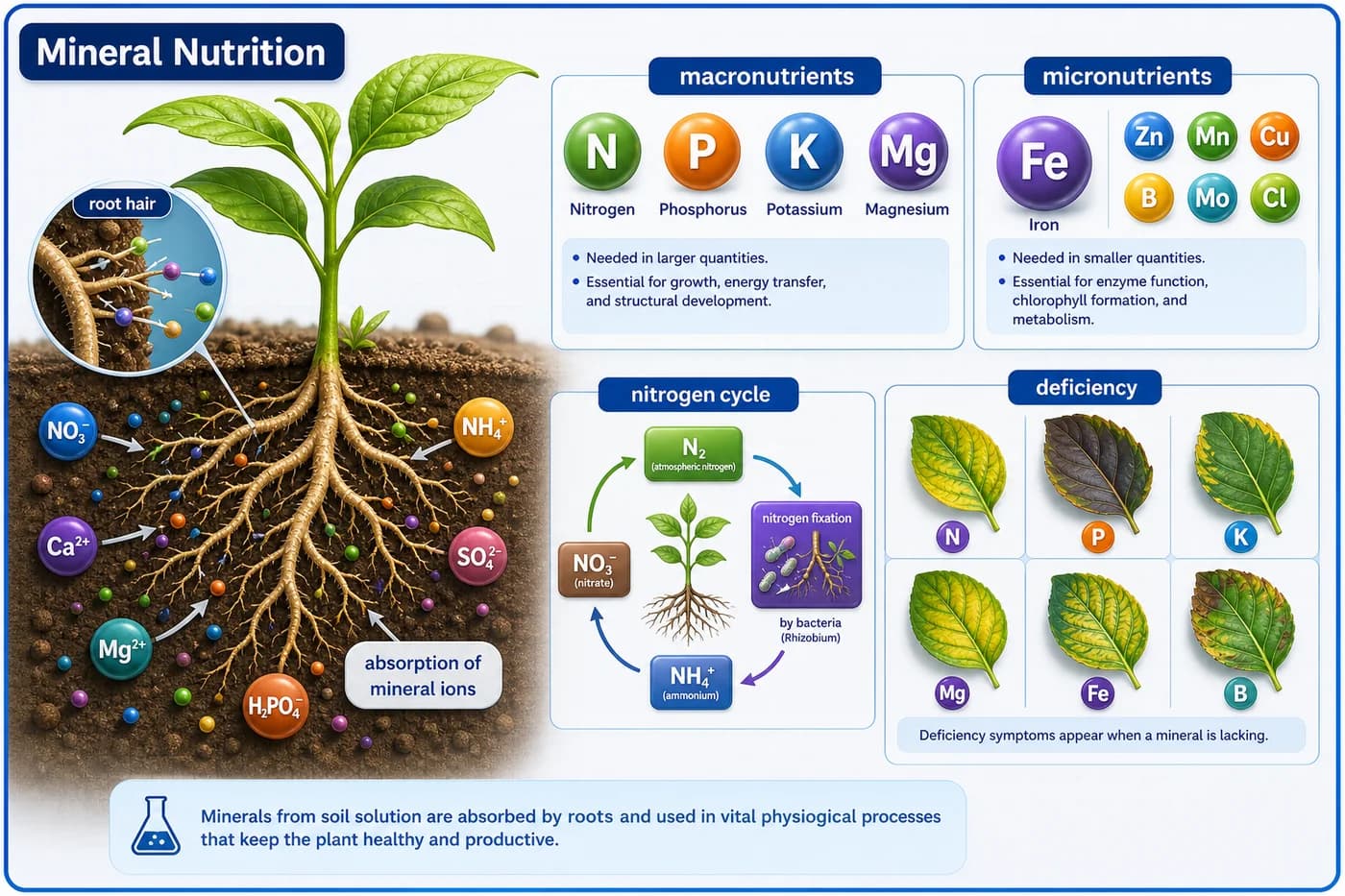 3D visual of mineral nutrition showing plant root absorption, macro and micronutrients, nitrogen fixation, and deficiency cues