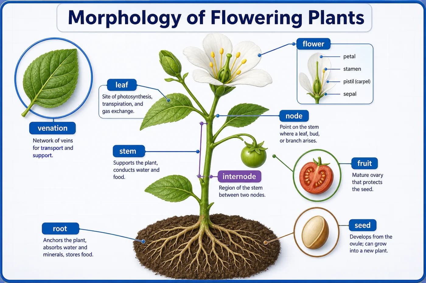 3D visual of flowering plant morphology with labelled root, stem, leaf, flower, fruit, seed, node, internode, and venation