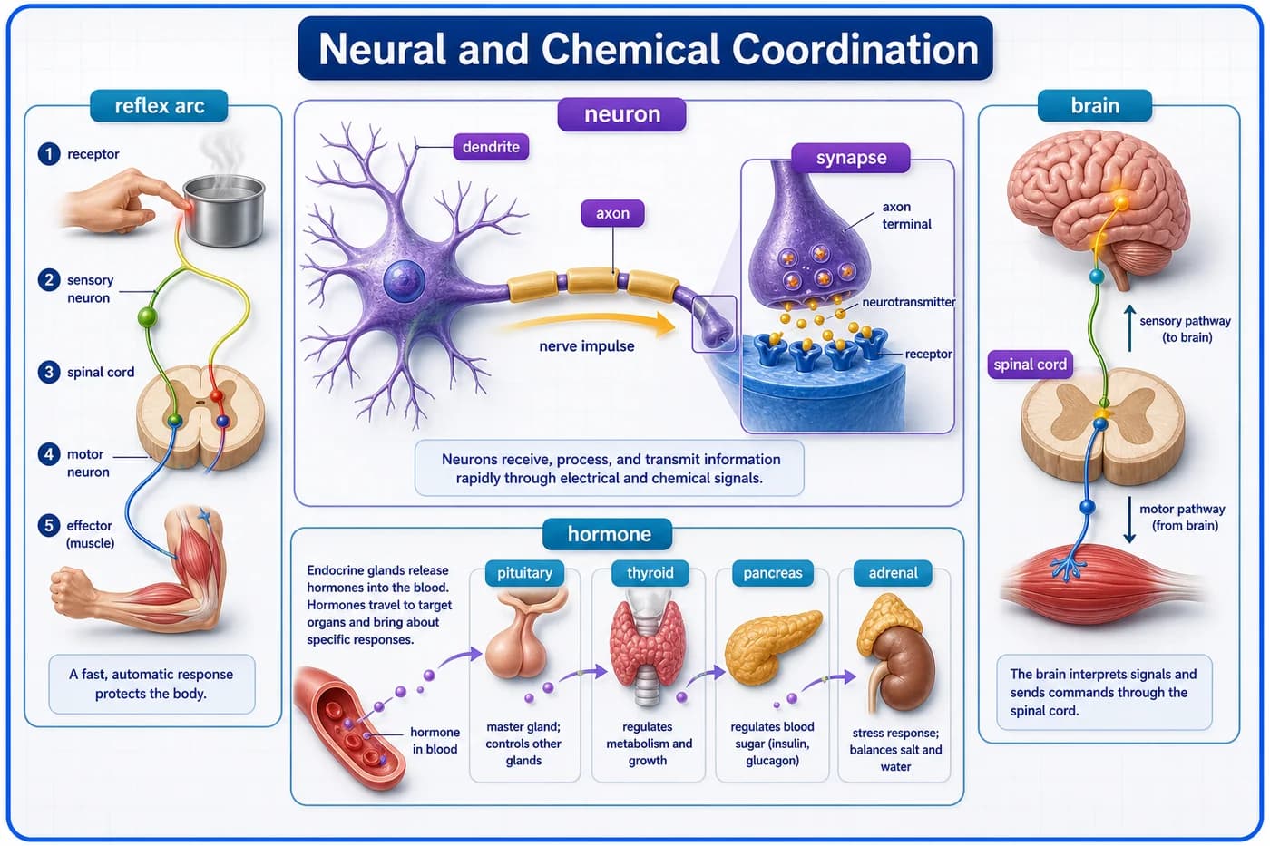 3D visual of neural and chemical coordination showing neuron, synapse, reflex arc, brain, spinal cord, and endocrine hormone signalling