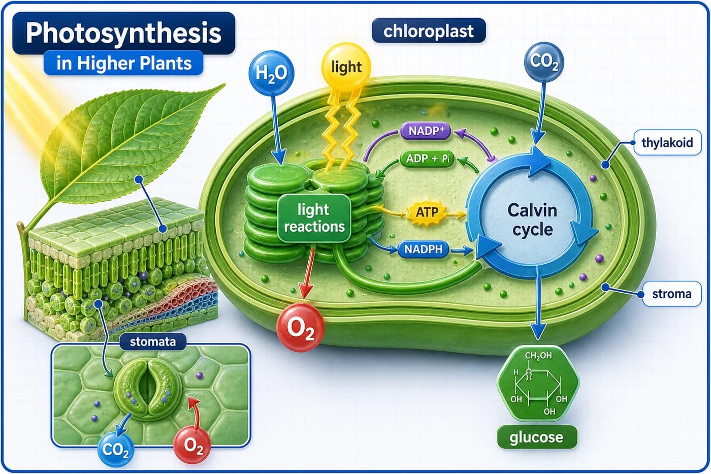 3D visual of photosynthesis in higher plants showing chloroplast, thylakoid light reactions, Calvin cycle, CO2, water, glucose, and oxygen