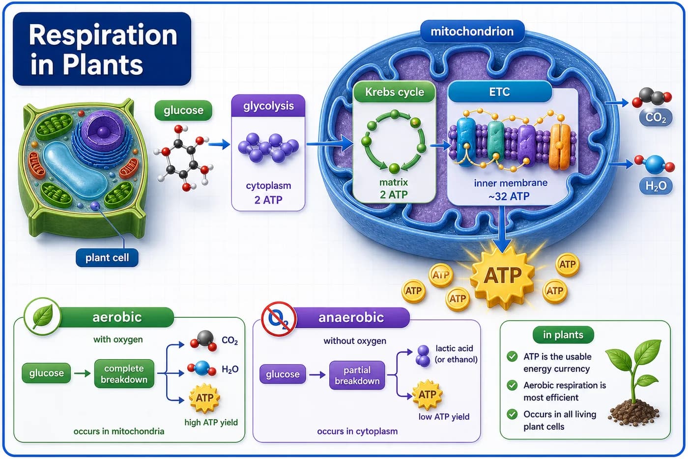 3D visual of respiration in plants showing glycolysis, Krebs cycle, electron transport chain, mitochondrion, and ATP production
